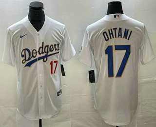 Mens Los Angeles Dodgers #17 Shohei Ohtani Number White Gold Championship Stitched Cool Base Nike Jersey->los angeles dodgers->MLB Jersey